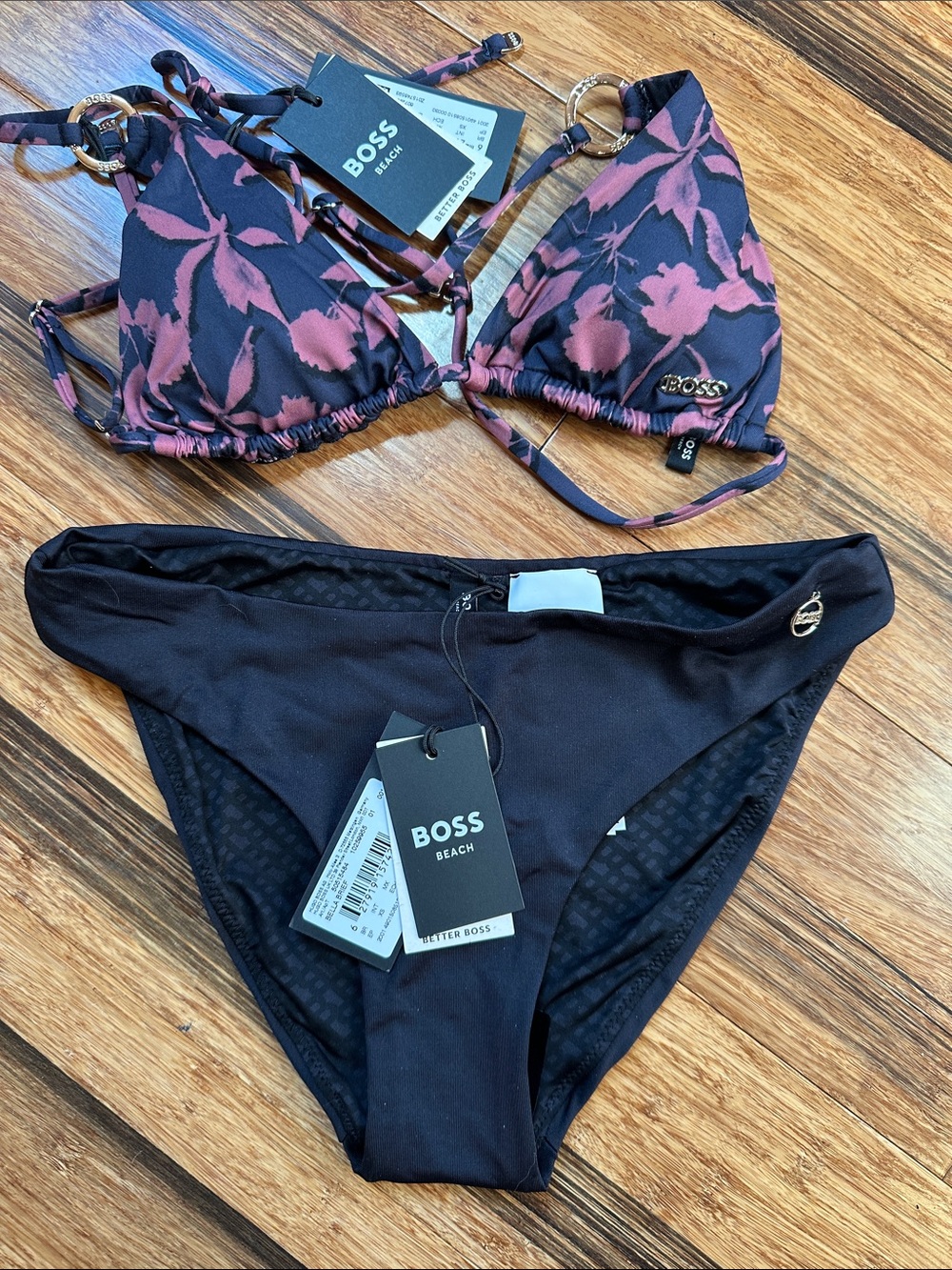 BOSS Pink Floral Triangle Bikini Top with Black Bottoms